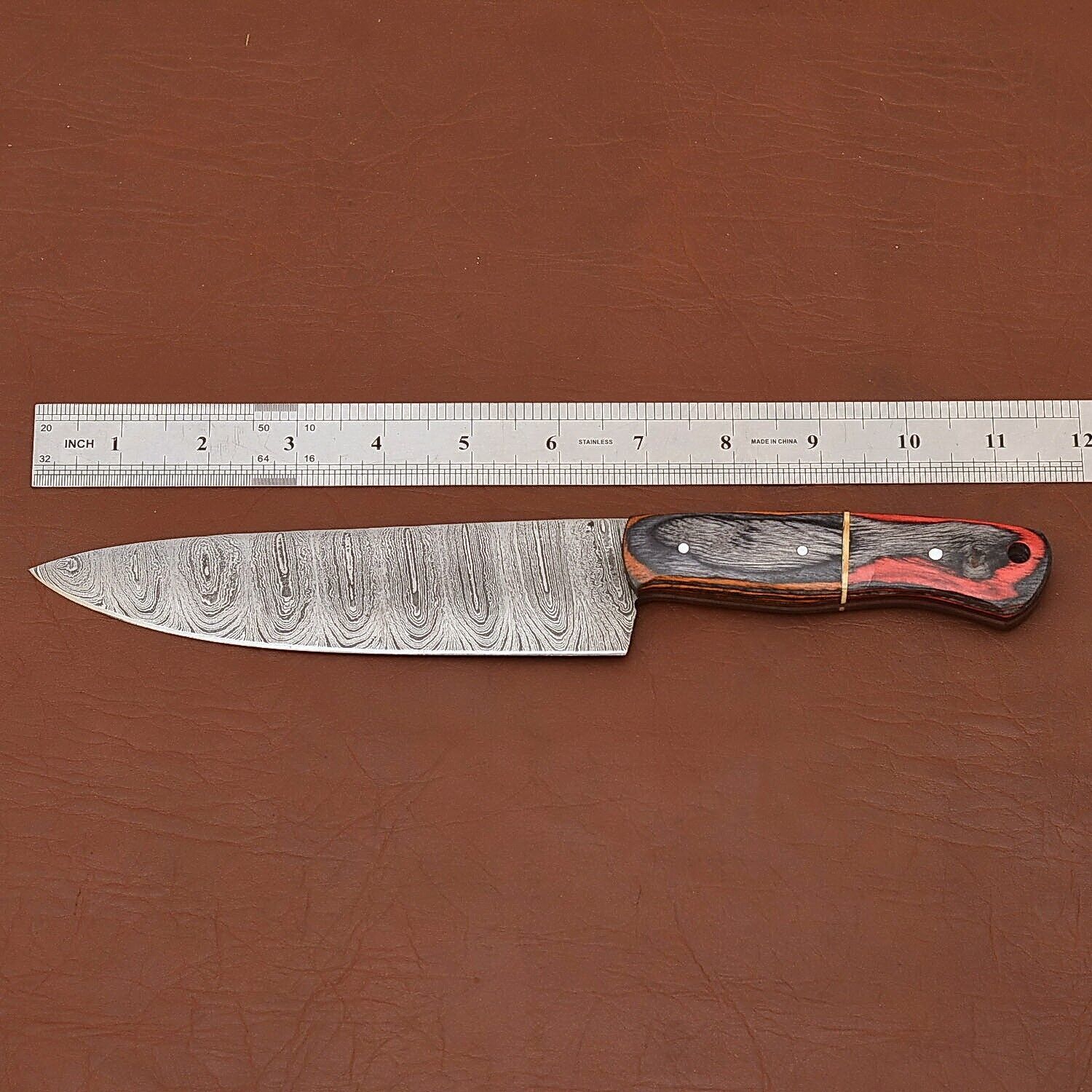 Custom Made Damascus Chef Knife  Wooden Handle With Leather Sheath 2