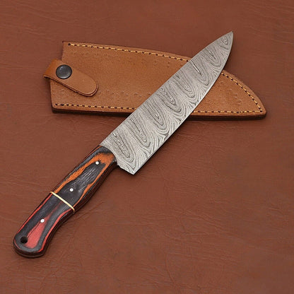 Custom Made Damascus Chef Knife  Wooden Handle With Leather Sheath 3