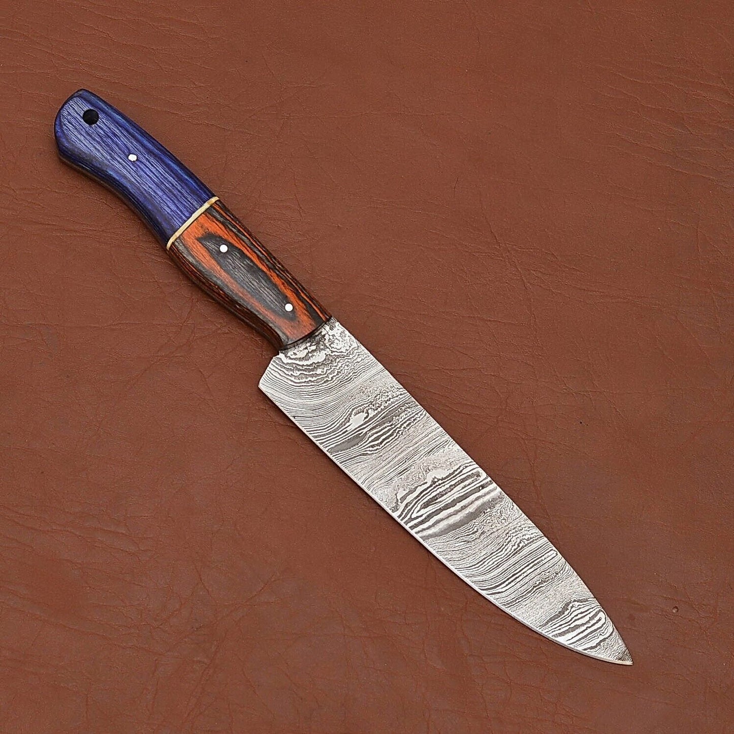 Custom Handmade Damascus Steel Chef Kitchen Knife With Wooden Handle  Leather Sheath  12 Full Tang  1