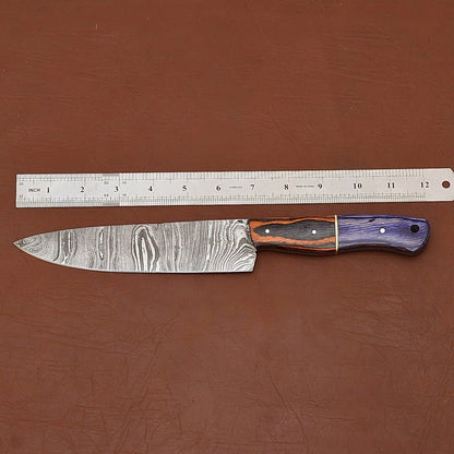 Custom Handmade Damascus Steel Chef Kitchen Knife With Wooden Handle  Leather Sheath  12 Full Tang  2