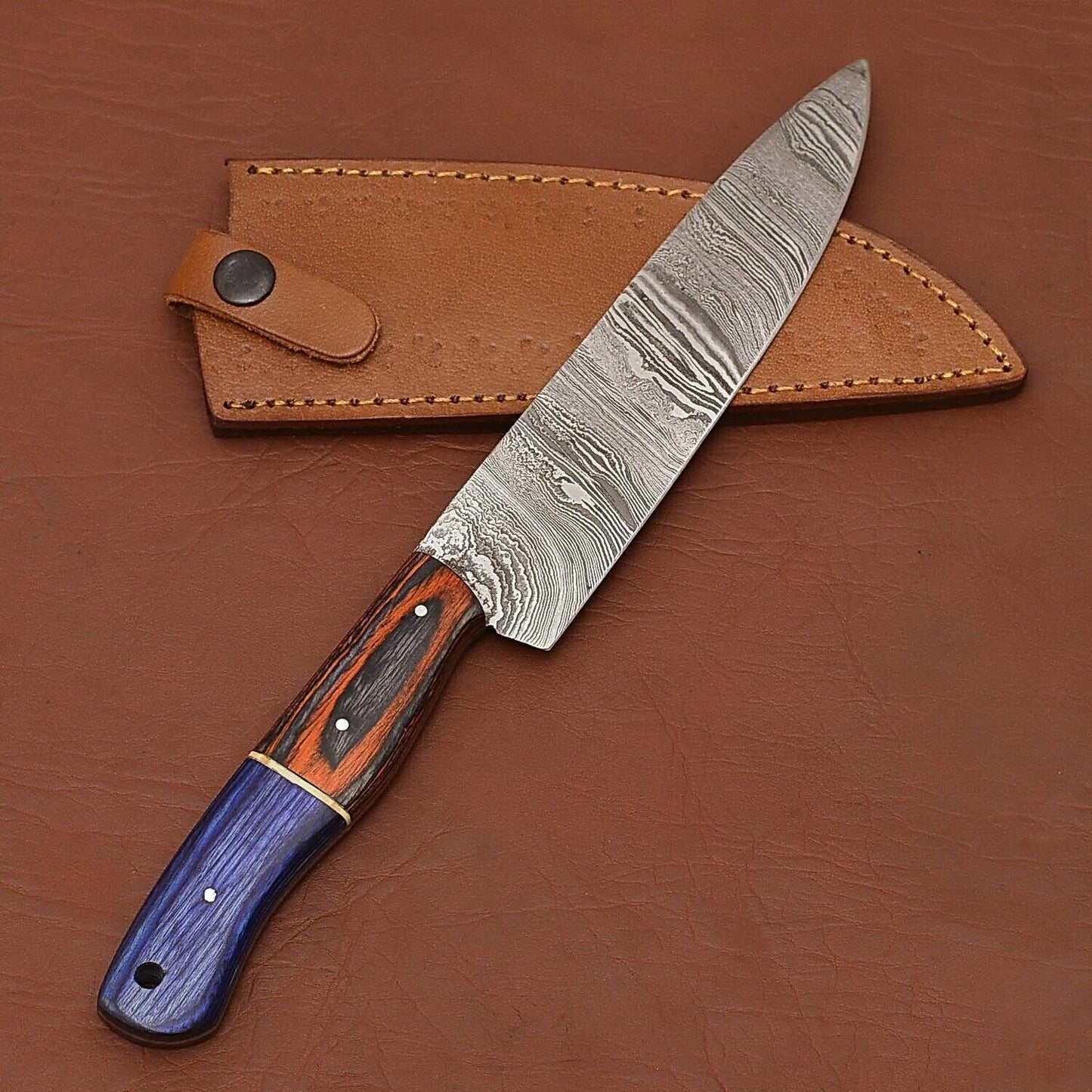 Custom Handmade Damascus Steel Chef Kitchen Knife With Wooden Handle  Leather Sheath  12 Full Tang  3