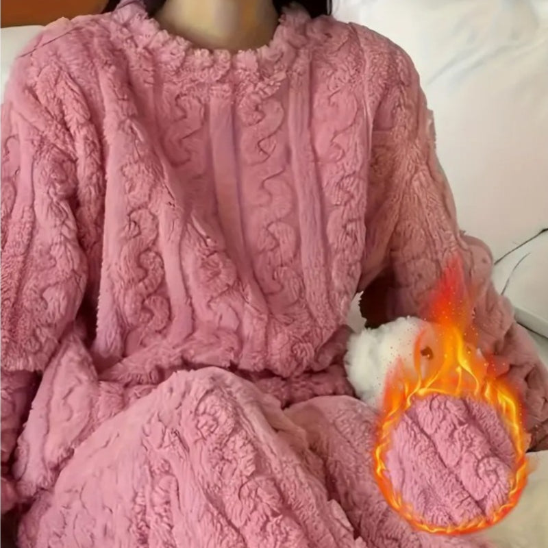 Soft Coral Velvet Pajamas Set for Women, Warm Jacquard Lounge wear, Cozy Winter Outerwear, Christmas wear
