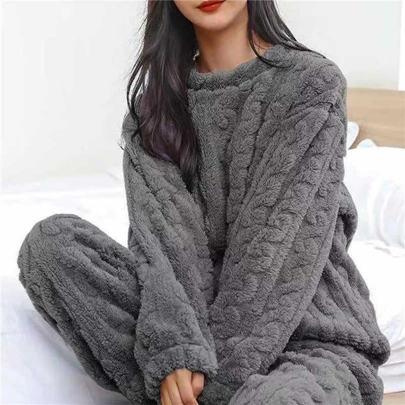 Soft Coral Velvet Pajamas Set For Women Warm Jacquard Lounge Wear Cozy Winter Outerwear Christmas W