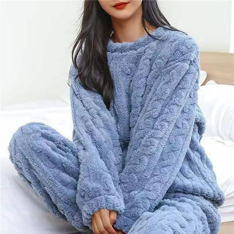 Soft Coral Velvet Pajamas Set For Women Warm Jacquard Lounge Wear Cozy Winter Outerwear Christmas W