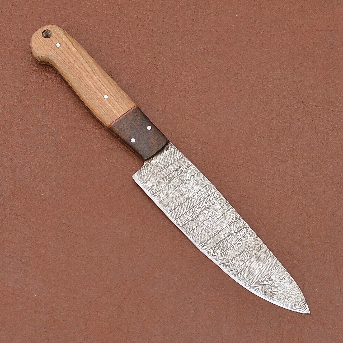 Handmade Damascus Steel Chef Knife  Wooden Handle  Leather Sheath Kitchen Knife 1