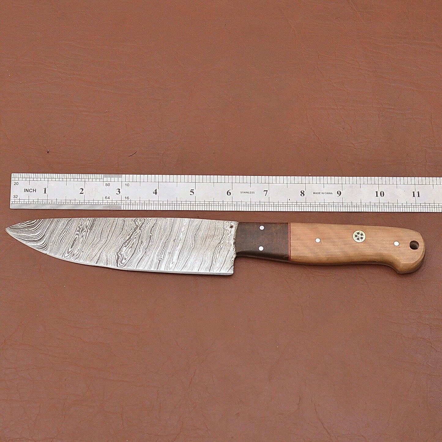 Handmade Damascus Steel Chef Knife  Wooden Handle  Leather Sheath Kitchen Knife 2