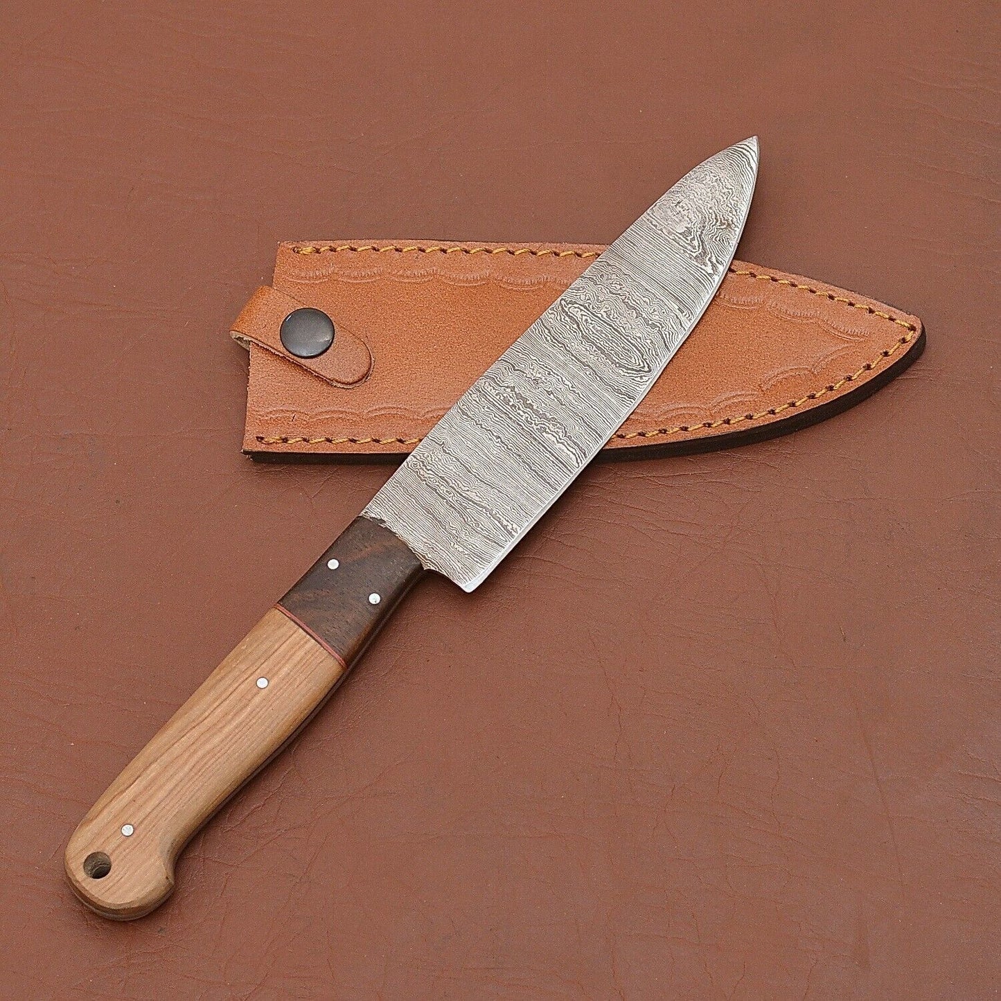 Handmade Damascus Steel Chef Knife  Wooden Handle  Leather Sheath Kitchen Knife 3