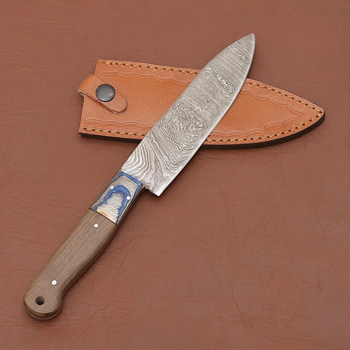 Custom Forged Damascus Steel Kitchen Knife  Full Tang Chefs Knife With Wood Handle 3