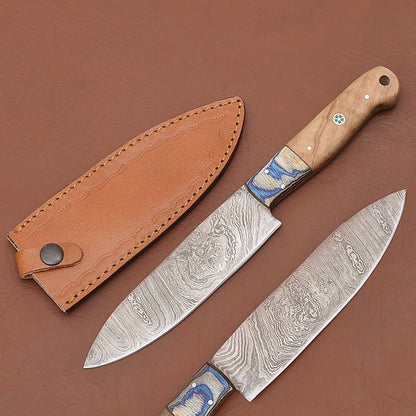 Custom Forged Damascus Steel Kitchen Knife – Full Tang Chefs Knife with Wood Handle