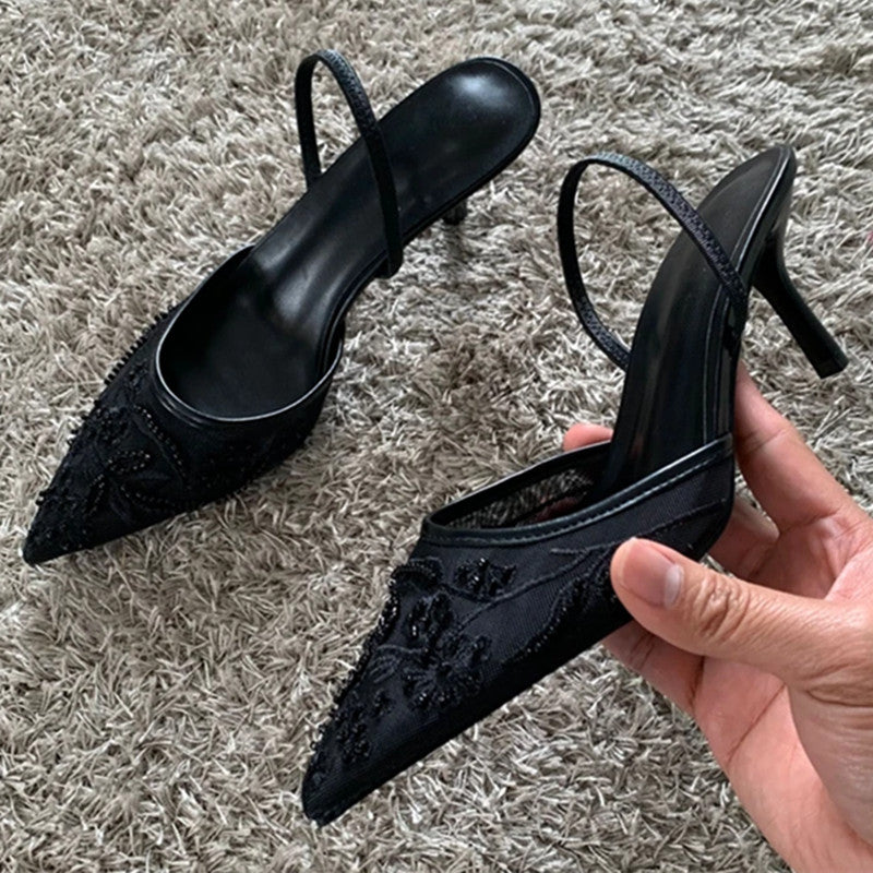 Elegant Black Mesh Embroidery Women Pumps, Sexy Pointed Toe Beaded High Heels & Designer Summer Party Heeled Sandals