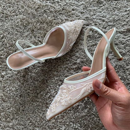 Elegant Black Mesh Embroidery Women Pumps, Sexy Pointed Toe Beaded High Heels & Designer Summer Party Heeled Sandals