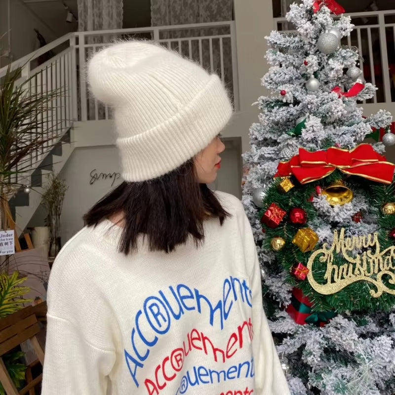 Rabbit Fur Winter Knitted Beanies Fashion Warm Cashmere Wool Skullies Angola Women Cap Female Three 1