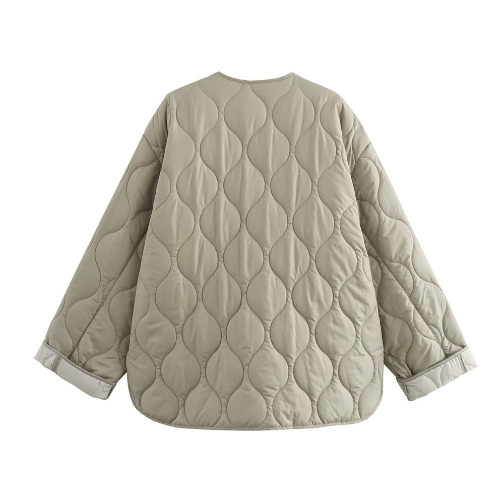 Women's Autumn Winter Cotton Jacket, Casual Long Sleeve Coat, Fashion Round Neck Zipper Design, Curled Edge