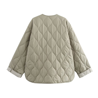 Women's Autumn Winter Cotton Jacket, Casual Long Sleeve Coat, Fashion Round Neck Zipper Design, Curled Edge