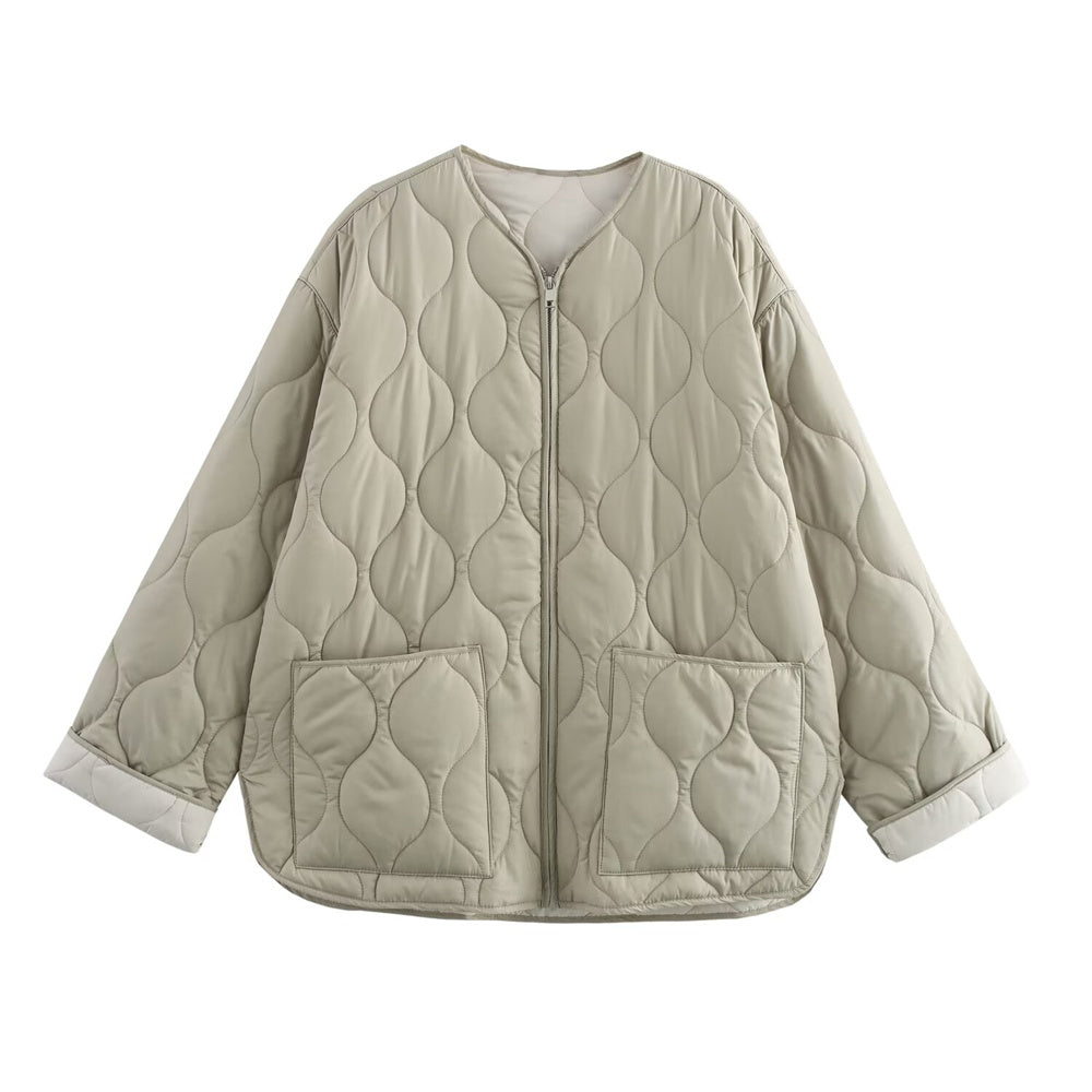 Women's Autumn Winter Cotton Jacket, Casual Long Sleeve Coat, Fashion Round Neck Zipper Design, Curled Edge
