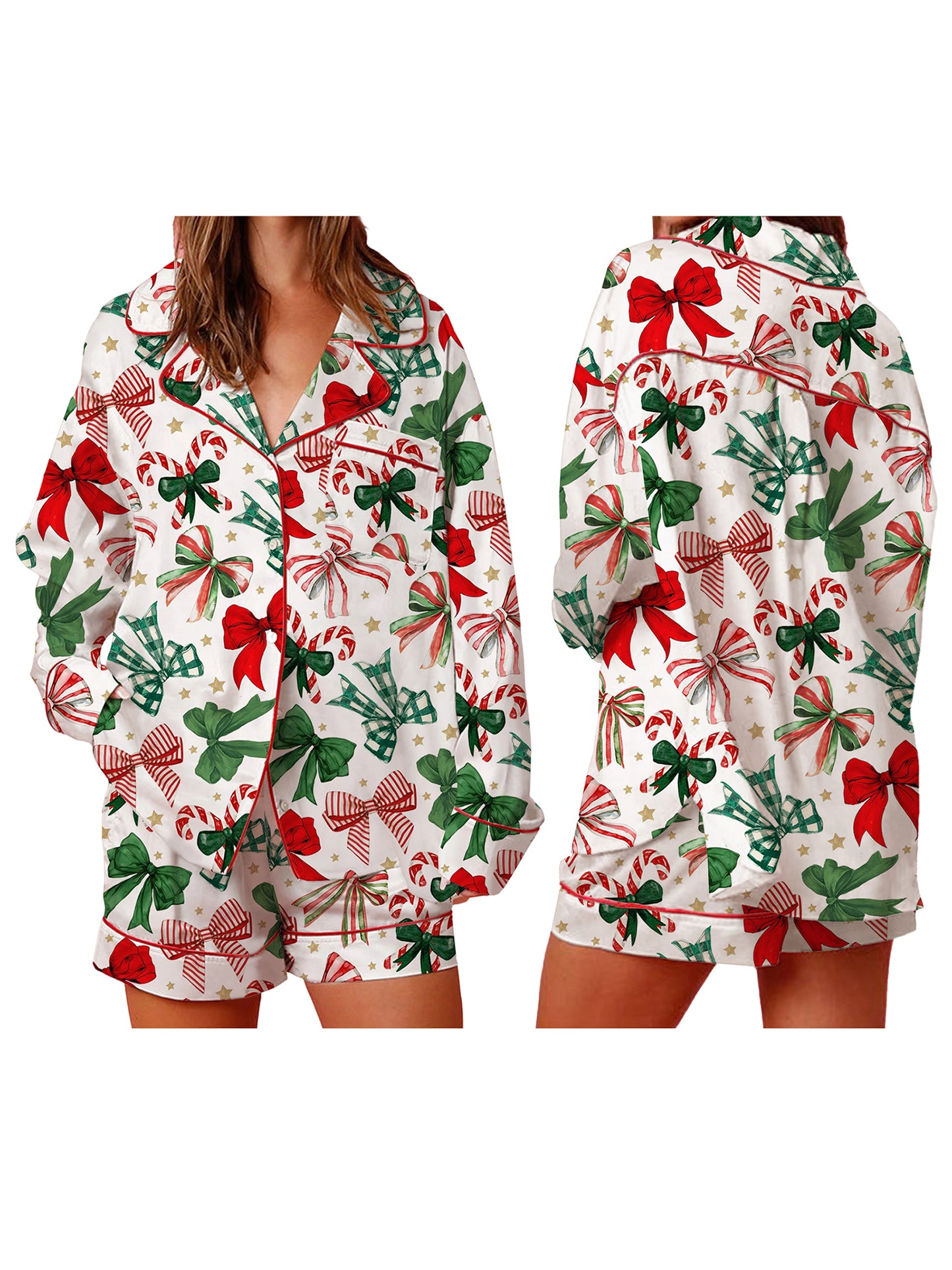 Women Festive Holiday Pajama Long Sleeve Lapel Shirt, Wide Leg Shorts, Christmas Print Sleepwear Collection