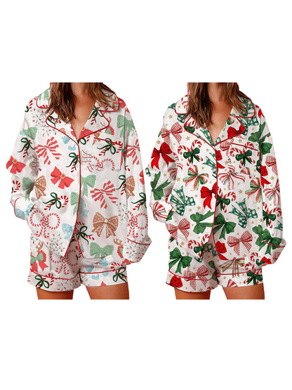 Women Festive Holiday Pajama Long Sleeve Lapel Shirt, Wide Leg Shorts, Christmas Print Sleepwear Collection