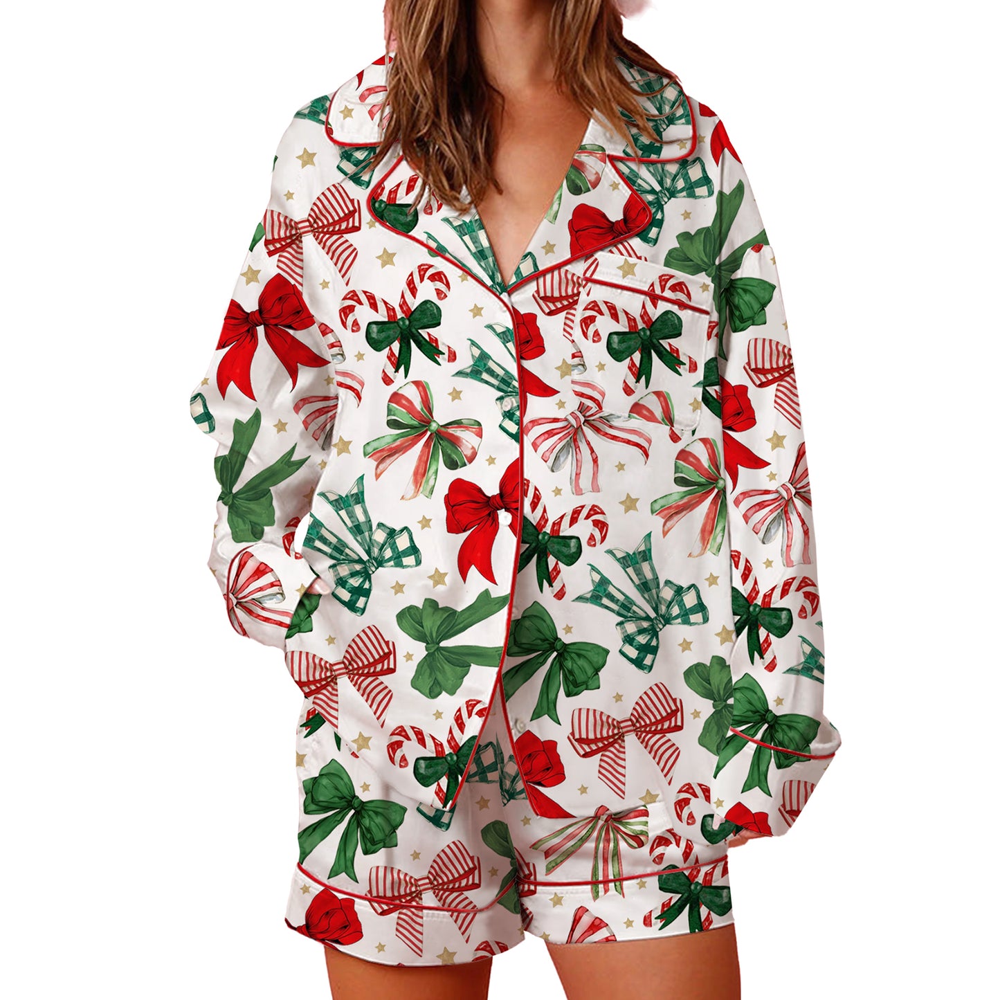 Women Festive Holiday Pajama Long Sleeve Lapel Shirt, Wide Leg Shorts, Christmas Print Sleepwear Collection