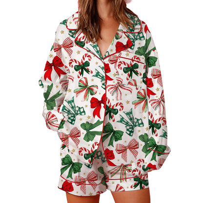 Women Festive Holiday Pajama Long Sleeve Lapel Shirt, Wide Leg Shorts, Christmas Print Sleepwear Collection