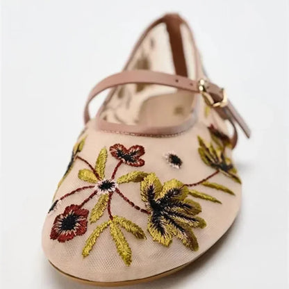 Luxury Designer Mesh Breathable Ballet Flats Women, Embroidered Flower Mary Jane Shoes, Lightweight Low Heel Summer