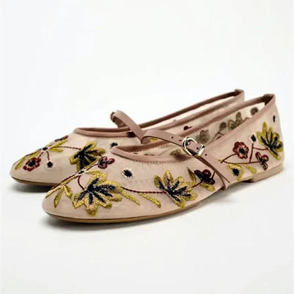 Luxury Designer Mesh Breathable Ballet Flats Women Embroidered Flower Mary Jane Shoes Lightweight L 1
