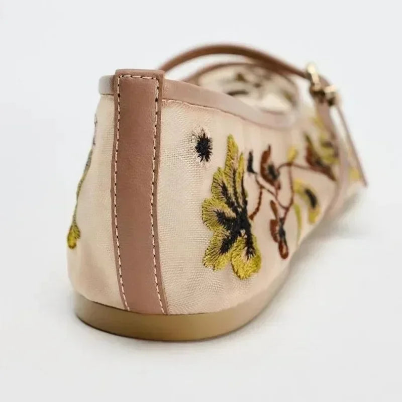 Luxury Designer Mesh Breathable Ballet Flats Women Embroidered Flower Mary Jane Shoes Lightweight L 4