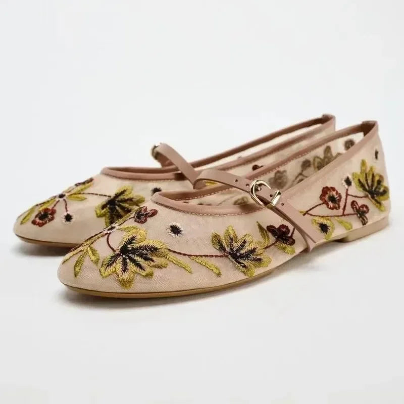 Luxury Designer Mesh Breathable Ballet Flats Women Embroidered Flower Mary Jane Shoes Lightweight L 7