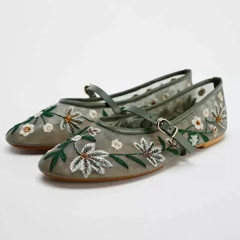 Luxury Designer Mesh Breathable Ballet Flats Women Embroidered Flower Mary Jane Shoes Lightweight L 6