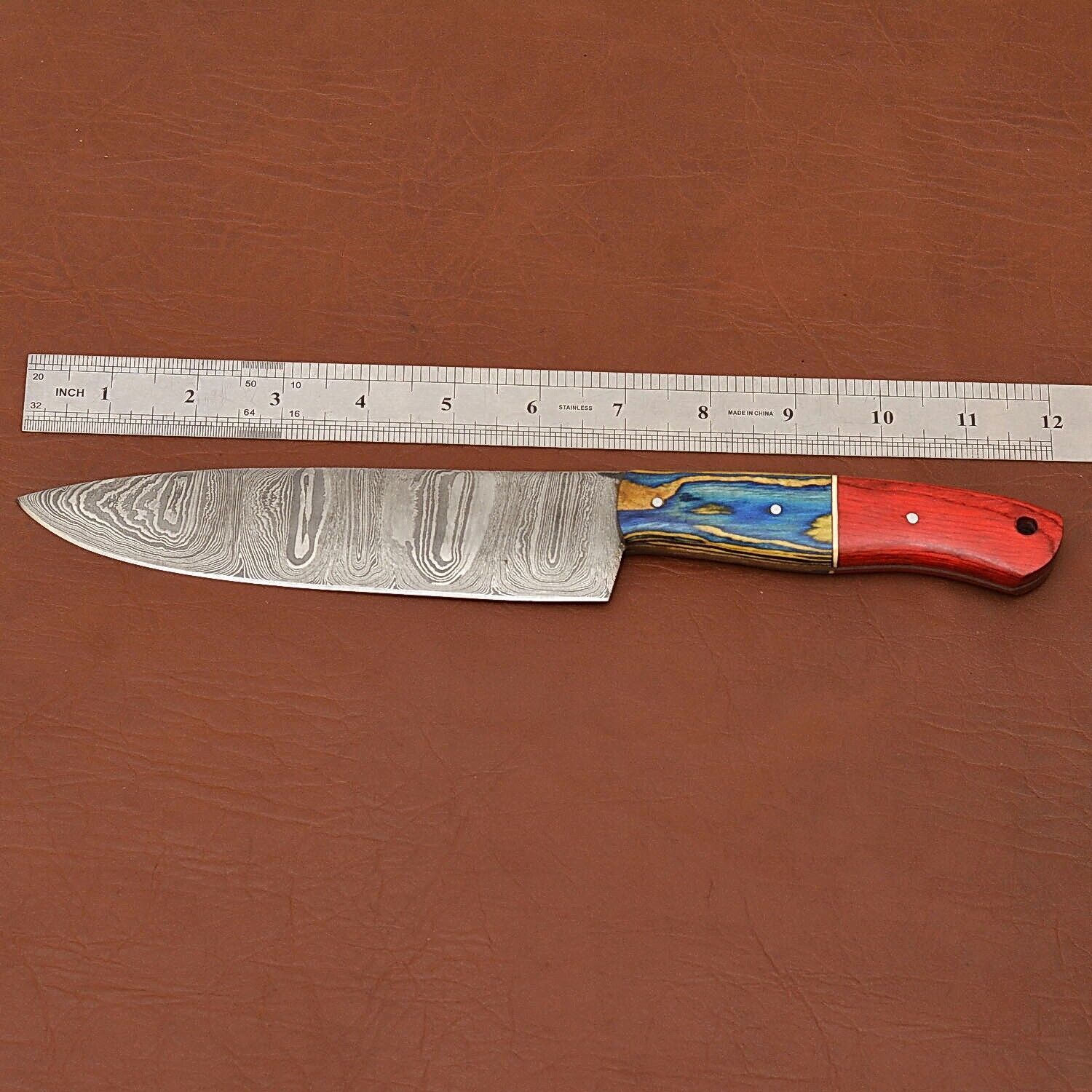 Premium Damascus Steel Chef Knife  Handmade With Wood Handle  Leather Case 2