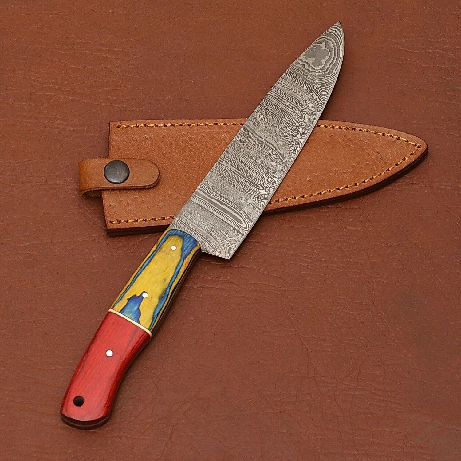 Premium Damascus Steel Chef Knife  Handmade With Wood Handle  Leather Case 3