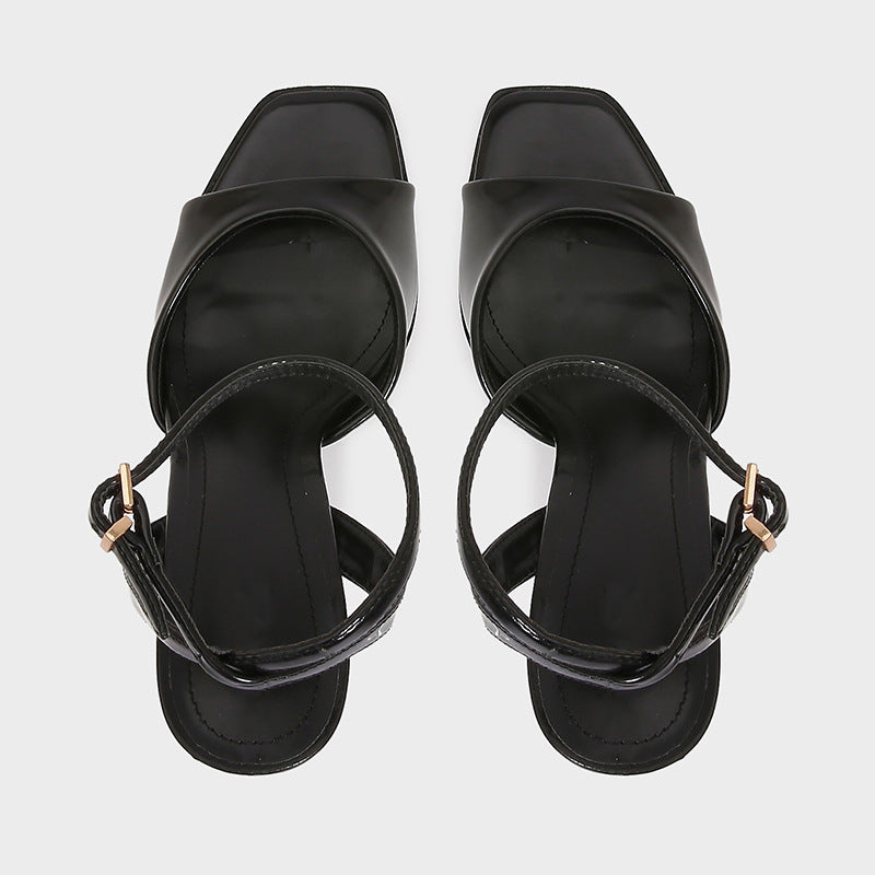 Elegant Black Patent Leather Ankle Strap High Heels Sexy Square Toe Heeled Sandals For Womens Summe 5