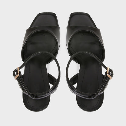 Elegant Black Patent Leather Ankle Strap High Heels Sexy Square Toe Heeled Sandals For Womens Summe 5
