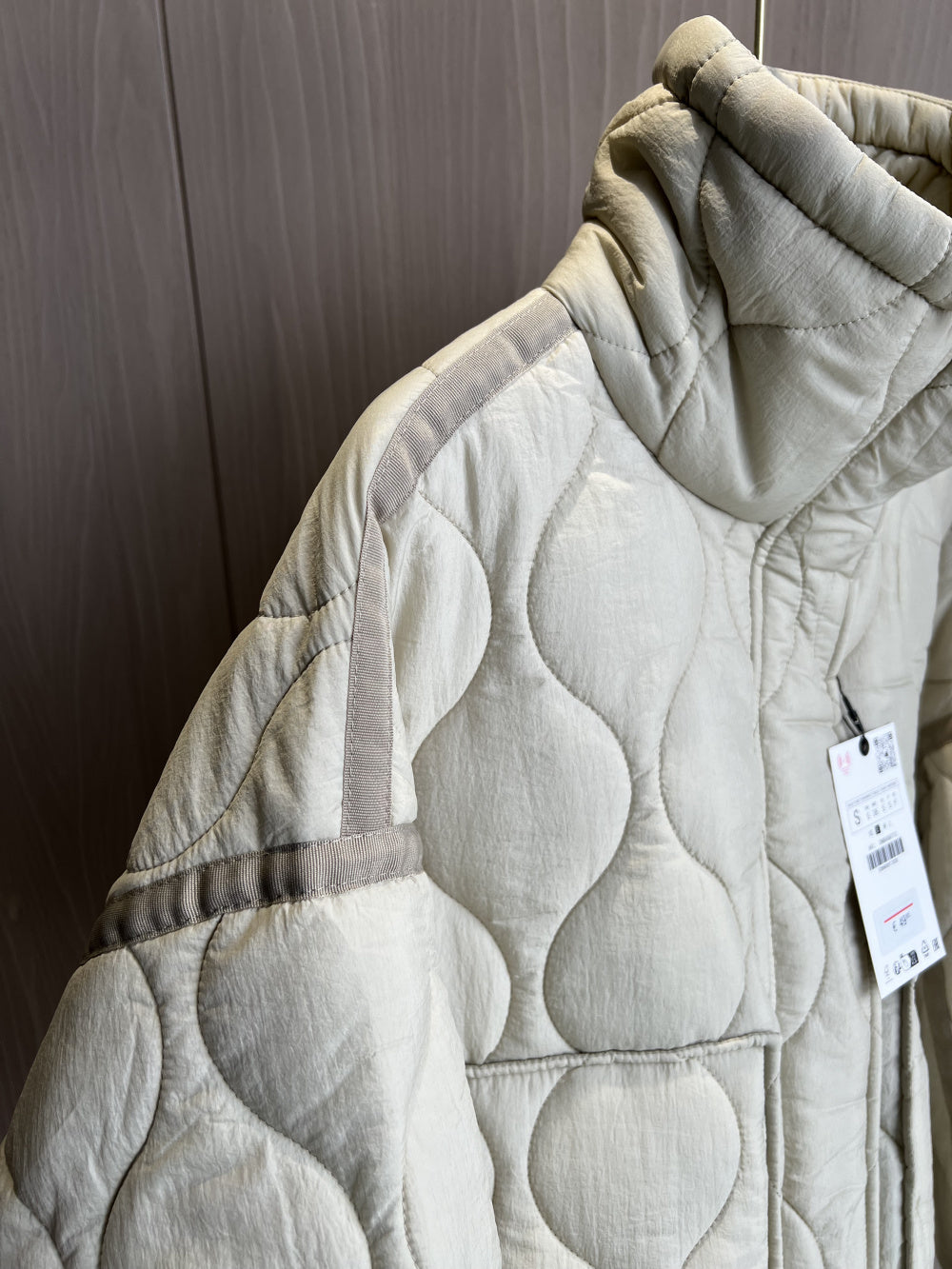 Quilted Jacket for Women, Beige Cotton Coat with Drawstring Ties, High Neck, Pocket Clip