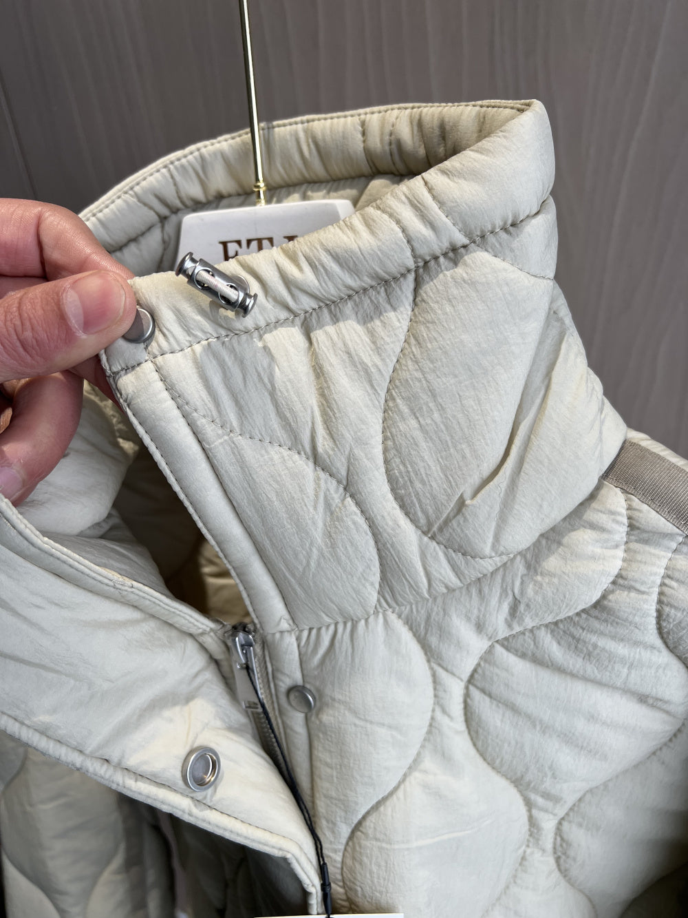 Quilted Jacket For Women Beige Cotton Coat With Drawstring Ties High Neck Pocket Clip 1