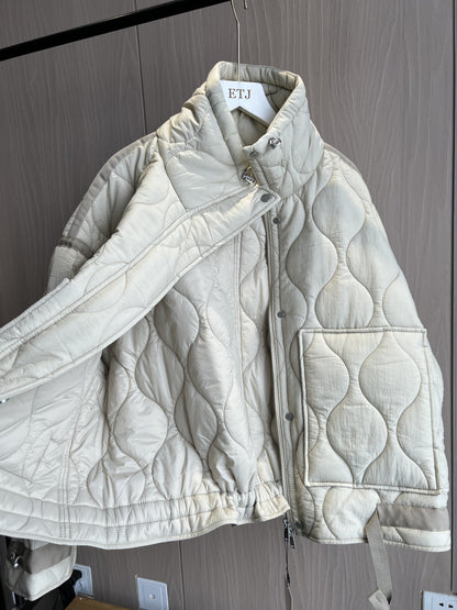 Quilted Jacket For Women Beige Cotton Coat With Drawstring Ties High Neck Pocket Clip 2