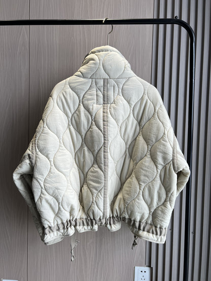 Quilted Jacket For Women Beige Cotton Coat With Drawstring Ties High Neck Pocket Clip 3