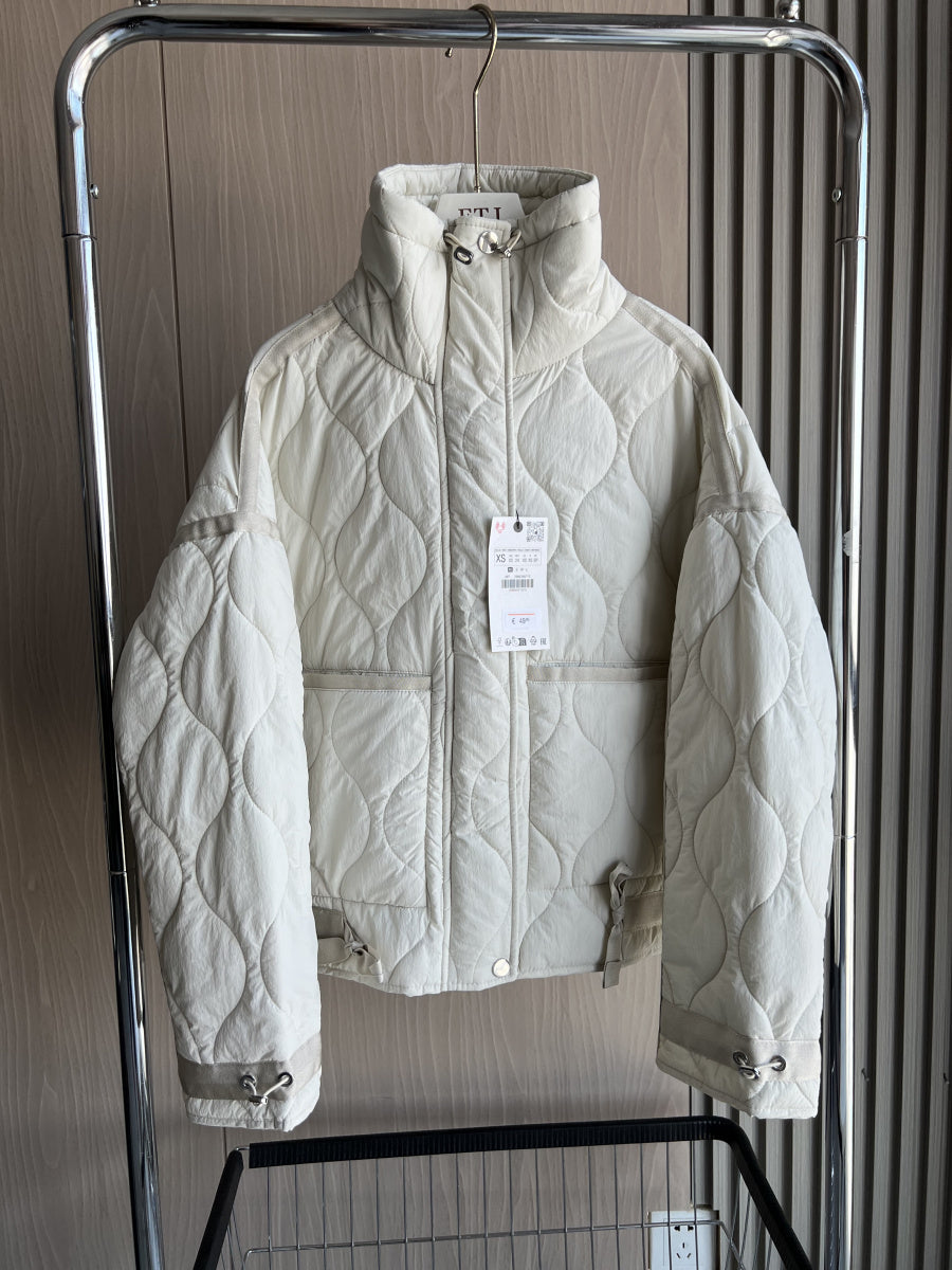 Quilted Jacket For Women Beige Cotton Coat With Drawstring Ties High Neck Pocket Clip 4