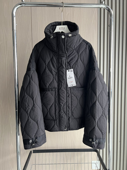Quilted Jacket For Women Beige Cotton Coat With Drawstring Ties High Neck Pocket Clip 5