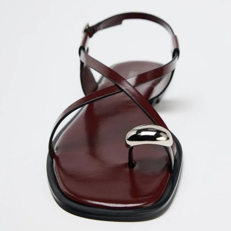 Womens Summer Cross Strap Flat Sandals With Buckle Fashion Metal Over Toe Casual Slippers Lightweig 2