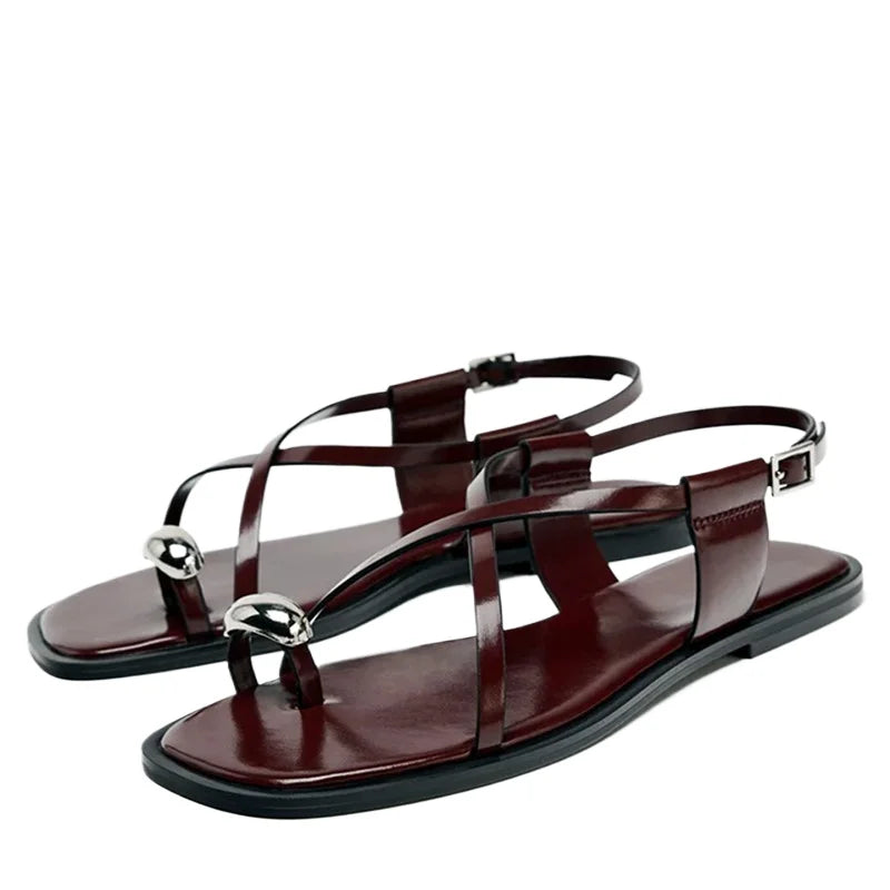 Womens Summer Cross Strap Flat Sandals With Buckle Fashion Metal Over Toe Casual Slippers Lightweig 6