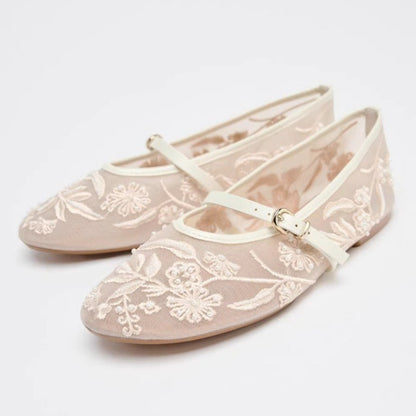Fashion Embroidery Pearl Mesh Ballet Flats Women, Hollow Round Toe Flat Sandals with Elegant Belt Buckle Design