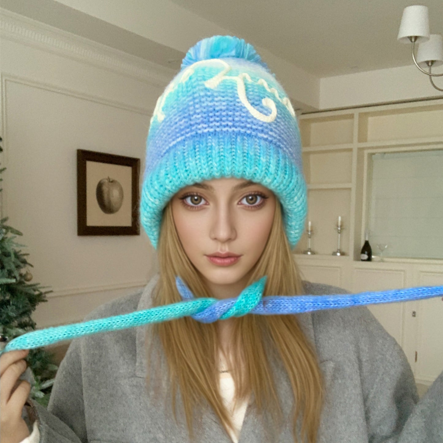 Trendy Streetwear Gradient Color Hat For Women, Knitted Winter Pompoms Cap With Rope, Warm Dandy Hat, Fashion Hat