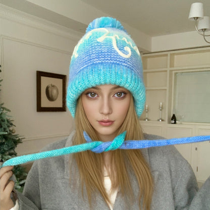 Trendy Streetwear Gradient Color Hat For Women, Knitted Winter Pompoms Cap With Rope, Warm Dandy Hat, Fashion Hat
