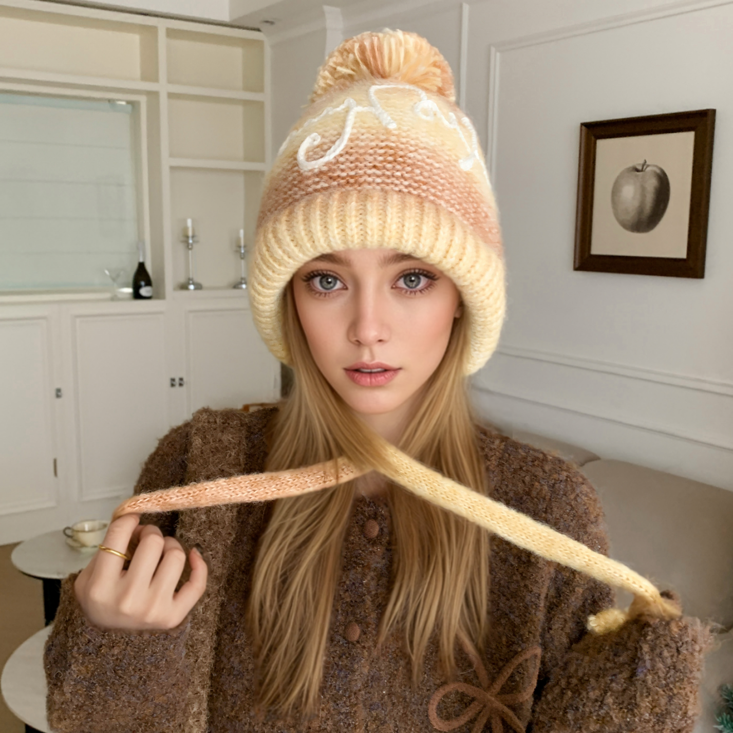 Trendy Streetwear Gradient Color Hat For Women Knitted Winter Pompoms Cap With Rope Warm Dandy Hat  1