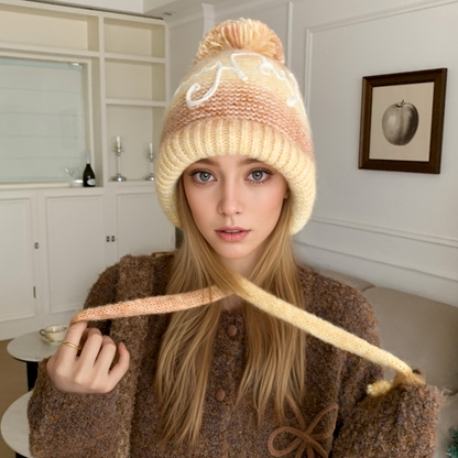 Trendy Streetwear Gradient Color Hat For Women Knitted Winter Pompoms Cap With Rope Warm Dandy Hat  1