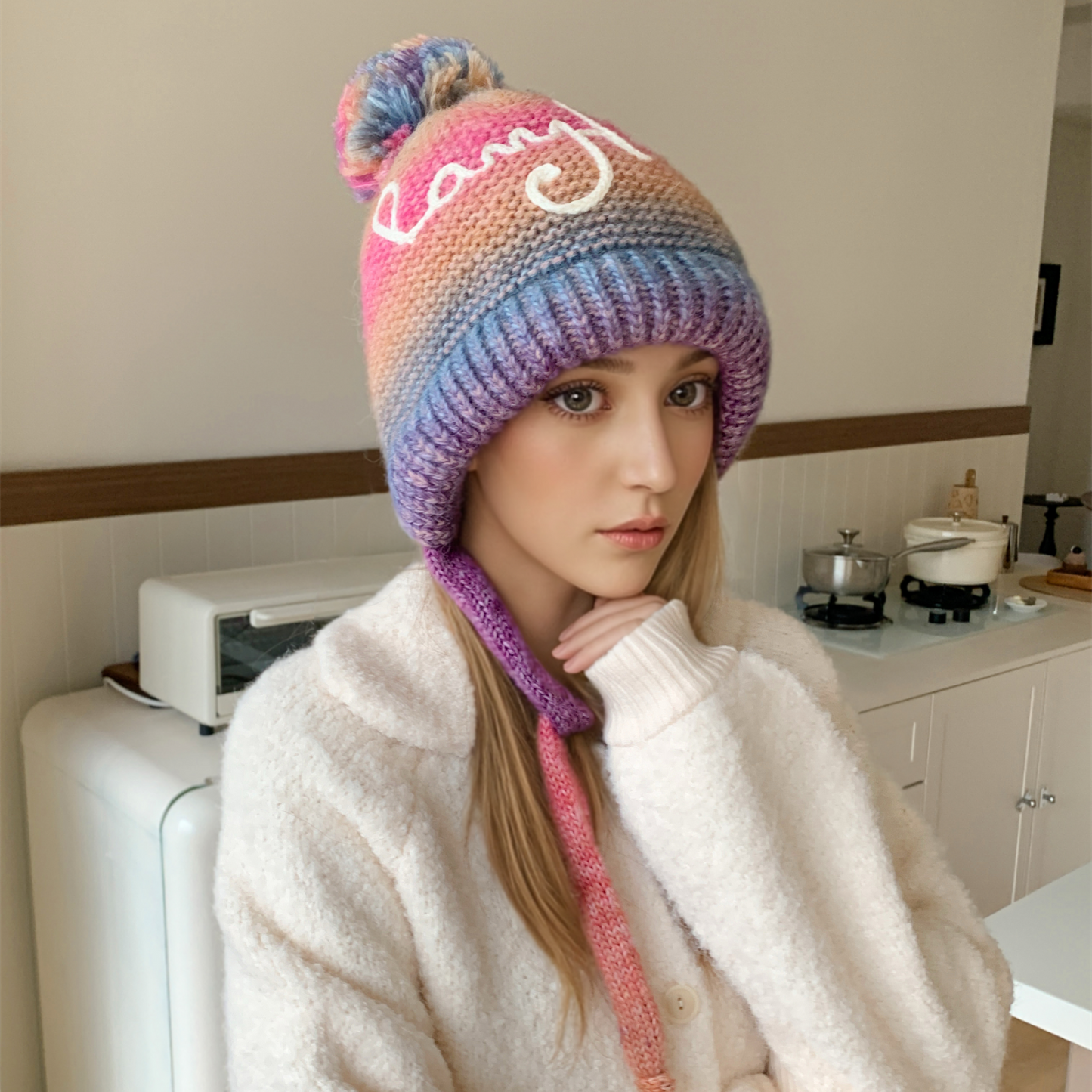 Trendy Streetwear Gradient Color Hat For Women Knitted Winter Pompoms Cap With Rope Warm Dandy Hat  2