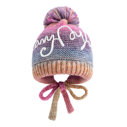 Trendy Streetwear Gradient Color Hat For Women Knitted Winter Pompoms Cap With Rope Warm Dandy Hat  5