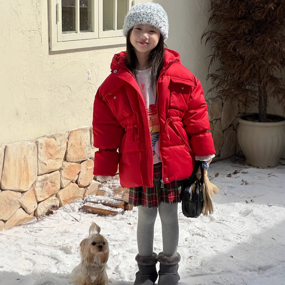 Autumn Girls Coat, Thickened Warm, Quilted Hooded Jacket, Mid Long Waist Childrens Clothing, Casual Daily Wear