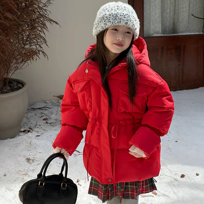 Autumn Girls Coat, Thickened Warm, Quilted Hooded Jacket, Mid Long Waist Childrens Clothing, Casual Daily Wear