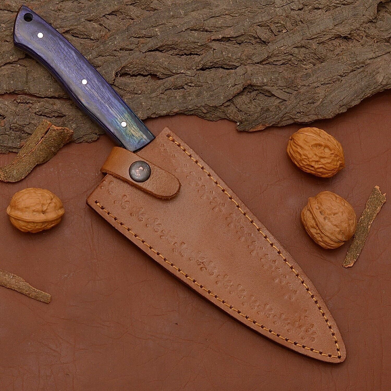 Custom Handmade Damascus Steel Chef Fillet Knife With Wooden Handle  Leather Sheath  12 Full Tang K 3